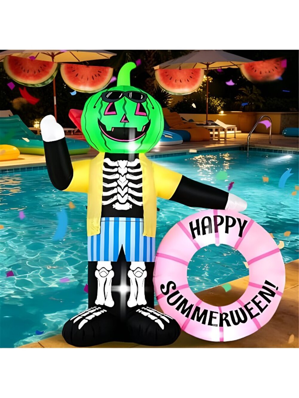 6FT Watermelon Zombie Inflatable Pool Float with Built-in LED Lights. Perfect